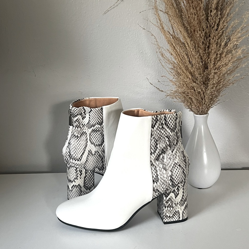 White Heeled Ankle Boots with Snakeskin Detail